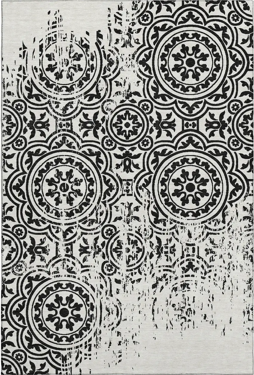 Black And Ivory Medallion Washable Area Rug With UV Protection Photo 7