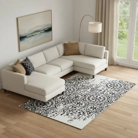 Black And Ivory Medallion Washable Area Rug With UV Protection Photo 2
