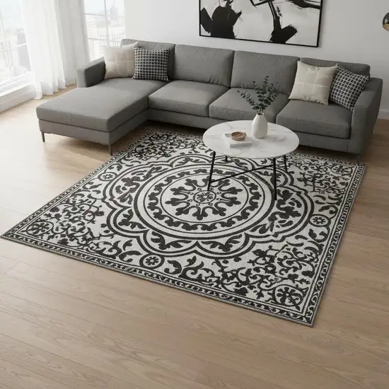Black And Ivory Medallion Washable Area Rug With UV Protection Photo 2