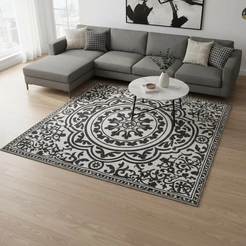 Black And Ivory Medallion Washable Area Rug With UV Protection Photo 2