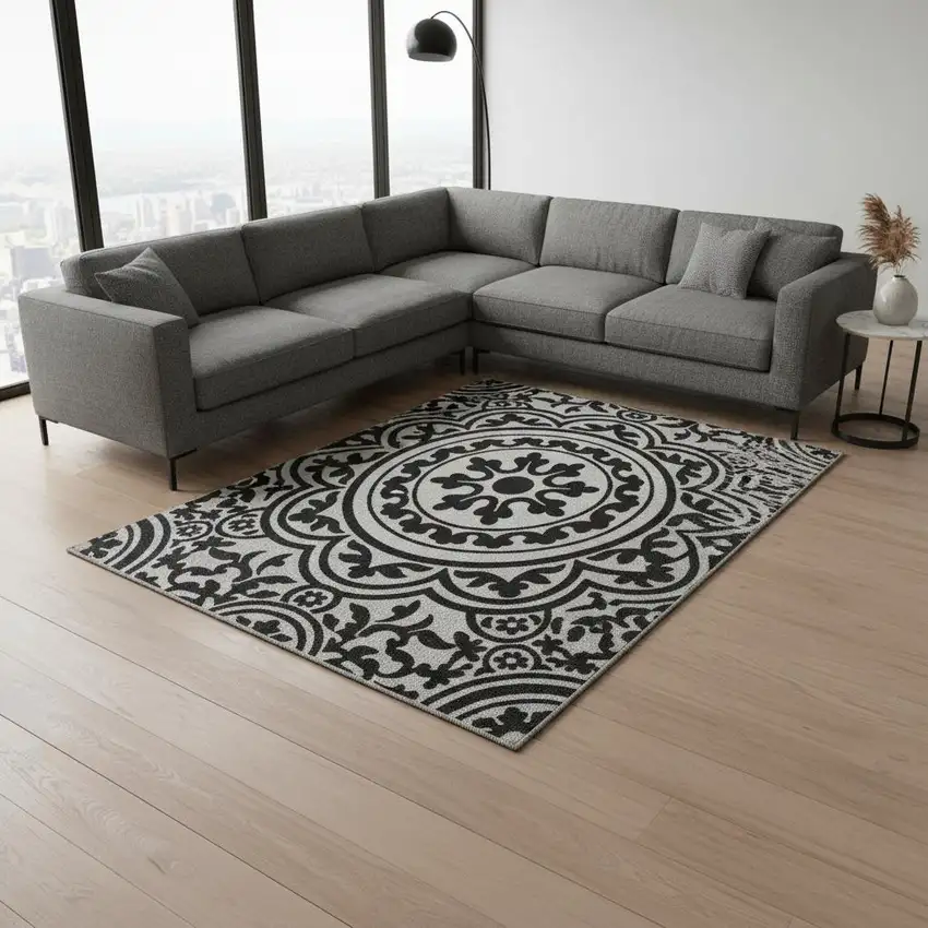 Black And Ivory Medallion Washable Area Rug With UV Protection Photo 2