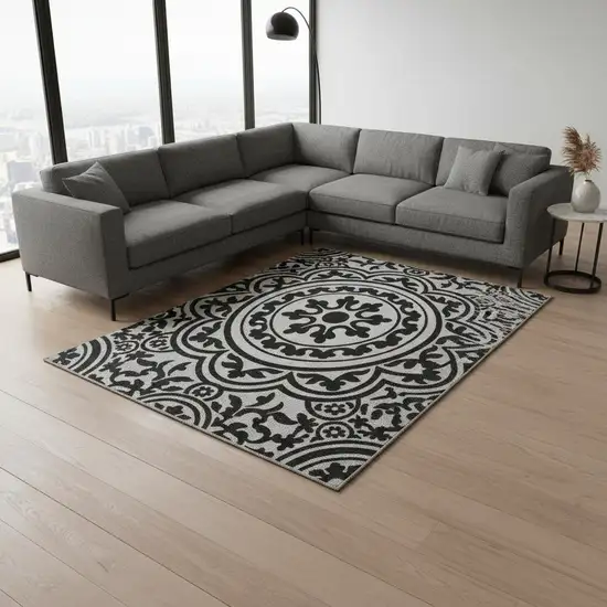 Black And Ivory Medallion Washable Area Rug With UV Protection Photo 2