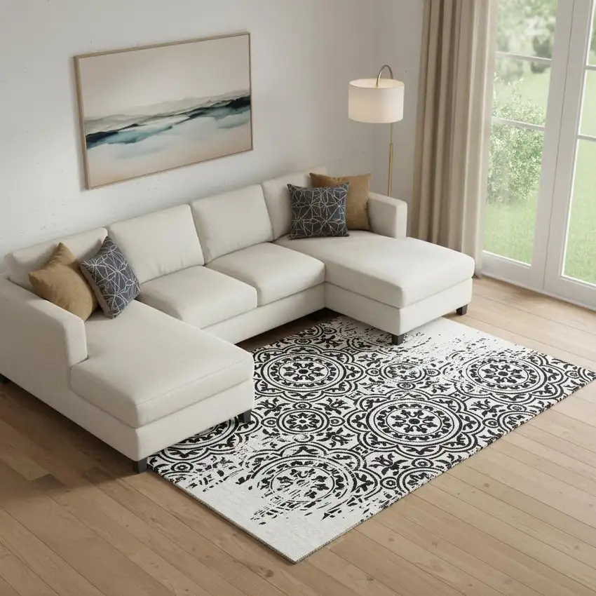 Black And Ivory Medallion Washable Area Rug With UV Protection Photo 1