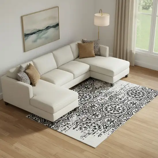 Black And Ivory Medallion Washable Area Rug With UV Protection Photo 1