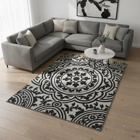 Black And Ivory Medallion Washable Area Rug With UV Protection Photo 2