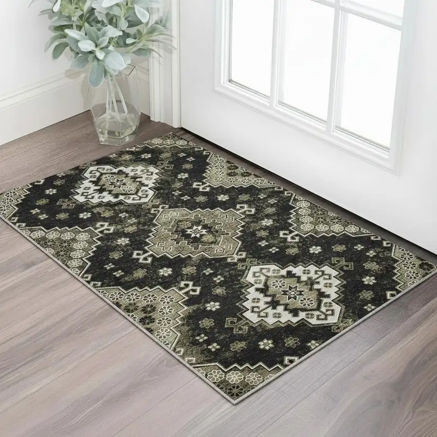 Black And Ivory Medallion Washable Area Rug With UV Protection Photo 2