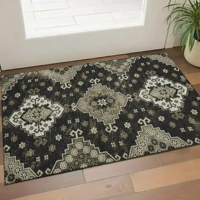 Black And Ivory Medallion Washable Area Rug With UV Protection Photo 1