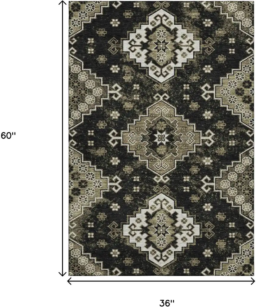 Black And Ivory Medallion Washable Area Rug With UV Protection Photo 3