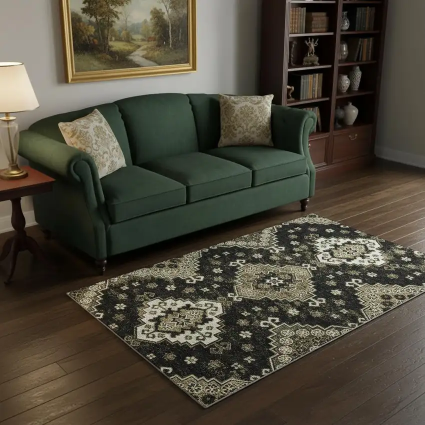 Black And Ivory Medallion Washable Area Rug With UV Protection Photo 2