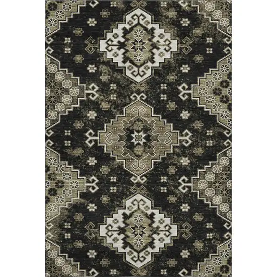Black And Ivory Medallion Washable Area Rug With UV Protection Photo 1
