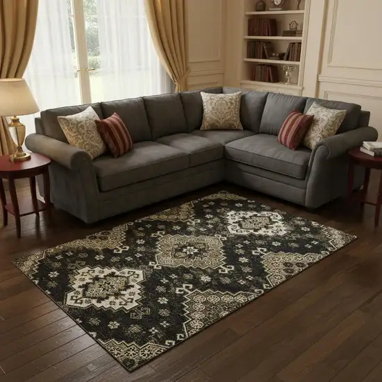 Black And Ivory Medallion Washable Area Rug With UV Protection Photo 2