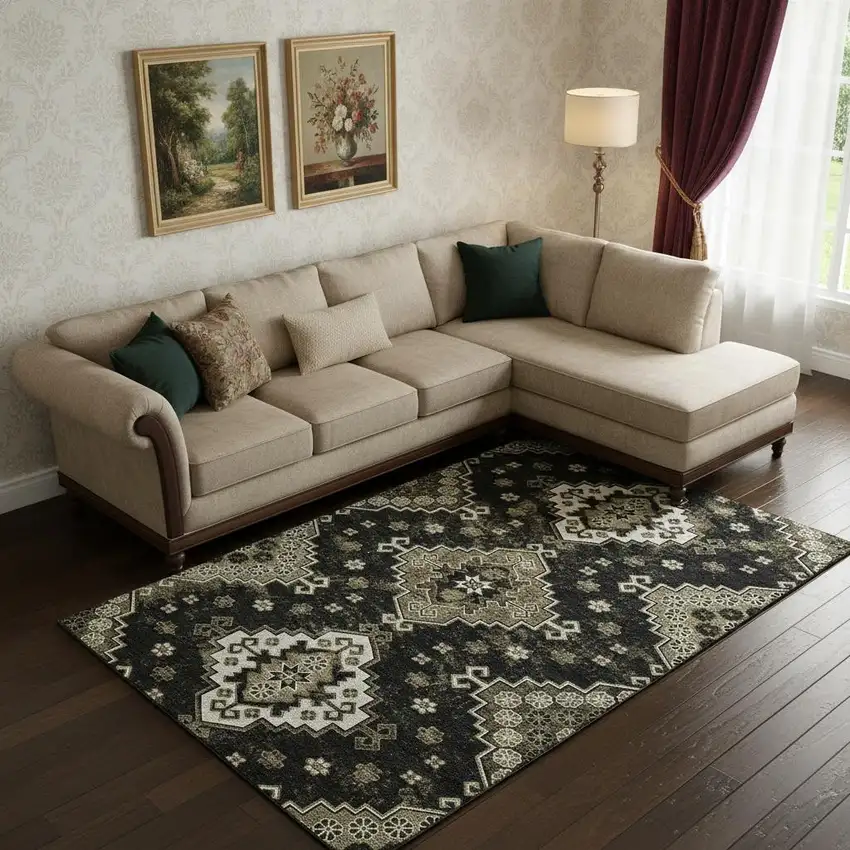 Black And Ivory Medallion Washable Area Rug With UV Protection Photo 1