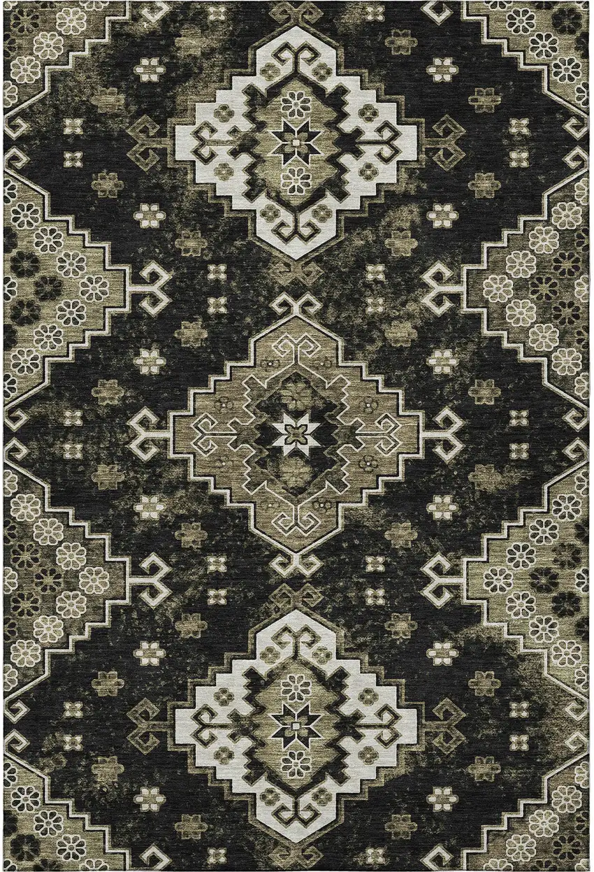 Black And Ivory Medallion Washable Area Rug With UV Protection Photo 3