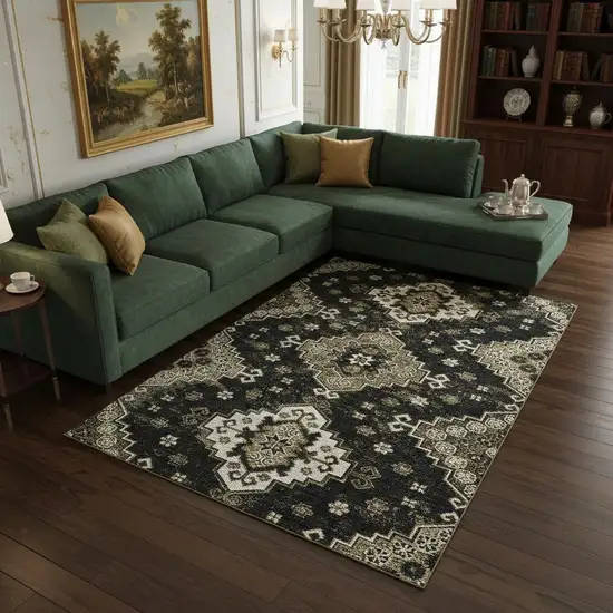 Black And Ivory Medallion Washable Area Rug With UV Protection Photo 2