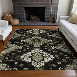 Photo of Black And Ivory Medallion Washable Area Rug With UV Protection