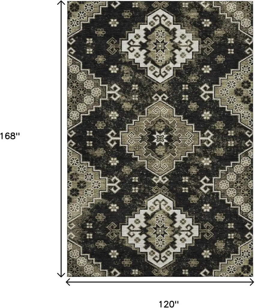Black And Ivory Medallion Washable Area Rug With UV Protection Photo 3