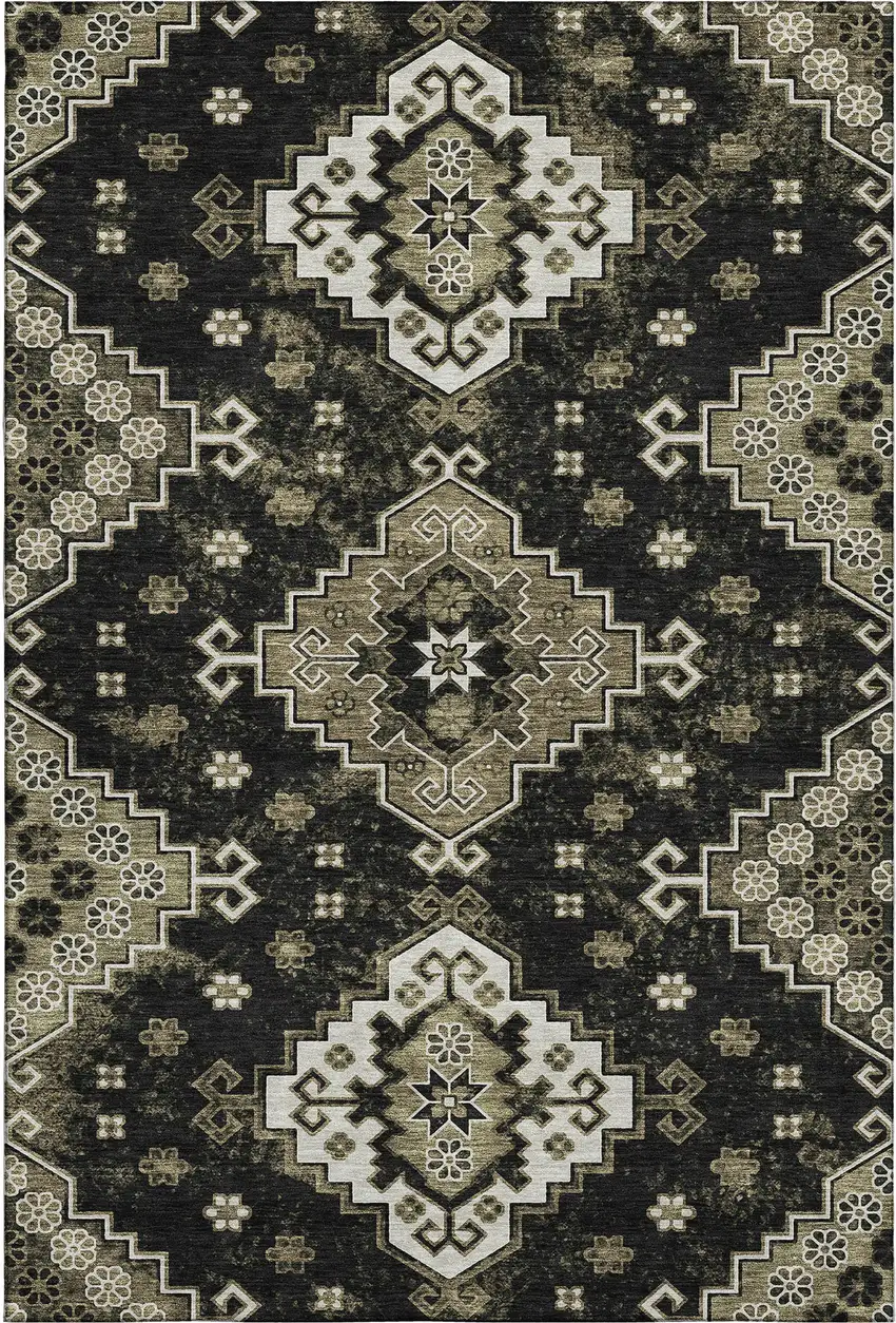 Black And Ivory Medallion Washable Area Rug With UV Protection Photo 1
