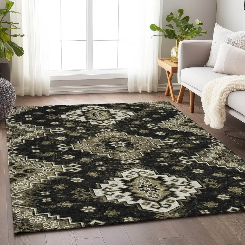 Black And Ivory Medallion Washable Area Rug With UV Protection Photo 6