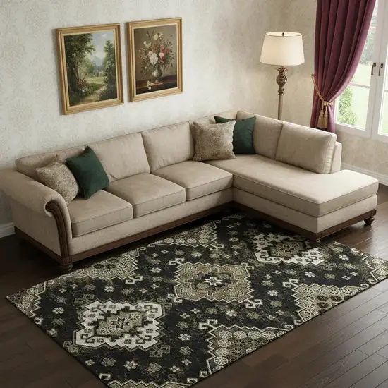 Black And Ivory Medallion Washable Area Rug With UV Protection Photo 1