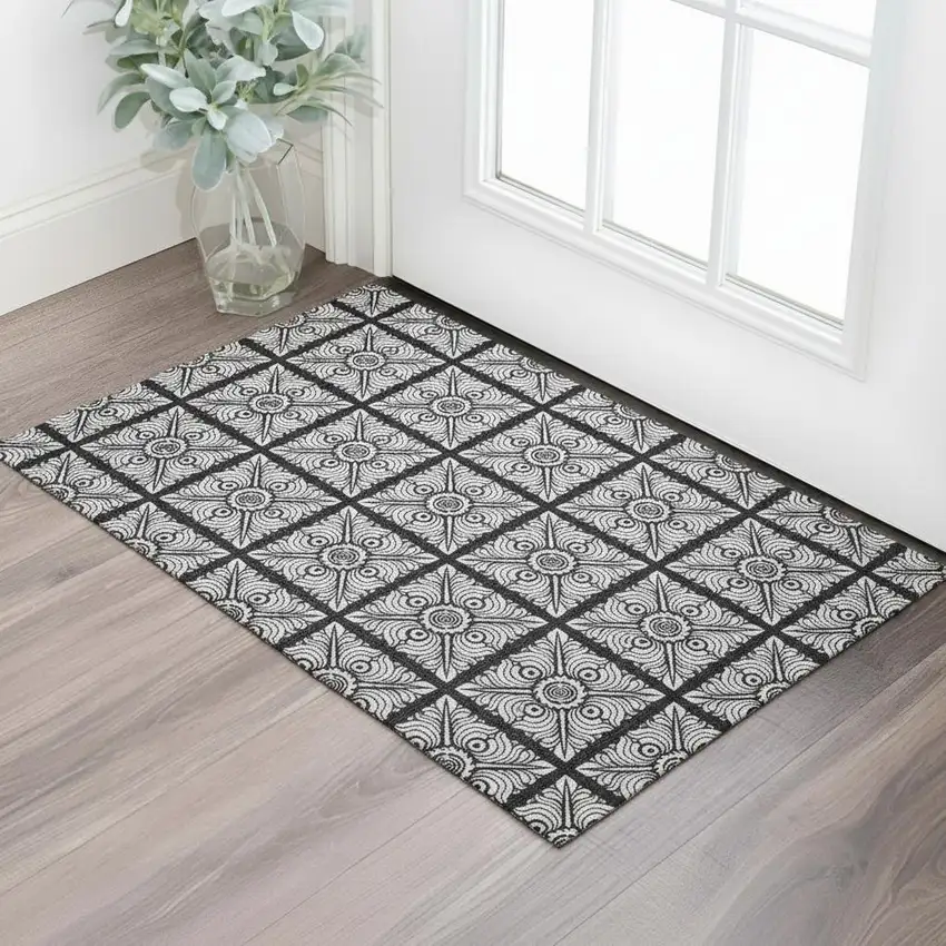 Black And Ivory Medallion Washable Area Rug With UV Protection Photo 1