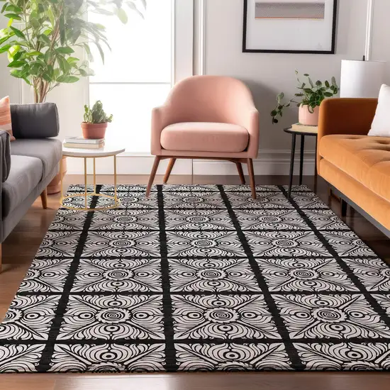 Black And Ivory Medallion Washable Area Rug With UV Protection Photo 5