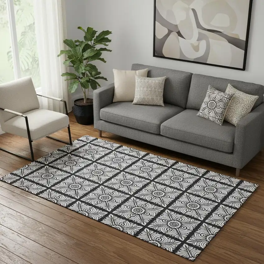 Black And Ivory Medallion Washable Area Rug With UV Protection Photo 1