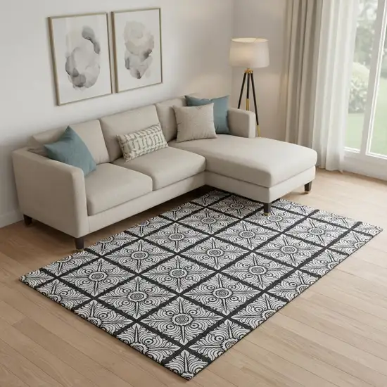 Black And Ivory Medallion Washable Area Rug With UV Protection Photo 1