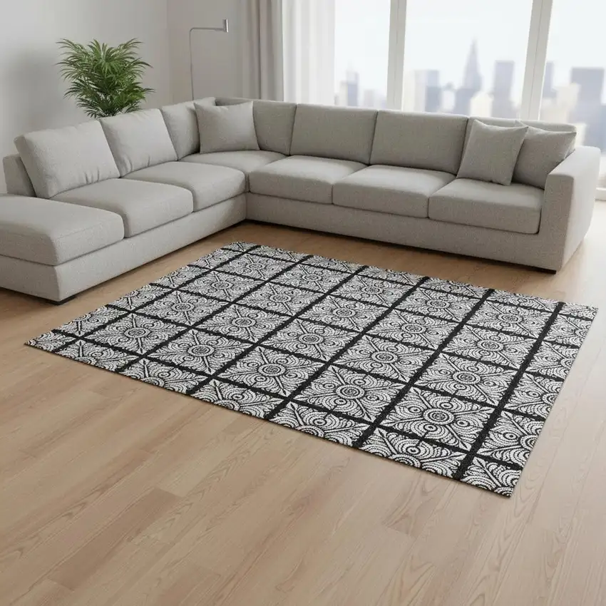 Black And Ivory Medallion Washable Area Rug With UV Protection Photo 2
