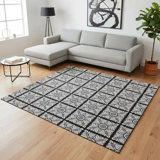 Black And Ivory Medallion Washable Area Rug With UV Protection Photo 2