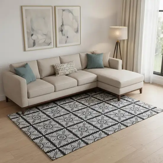 Black And Ivory Medallion Washable Area Rug With UV Protection Photo 1