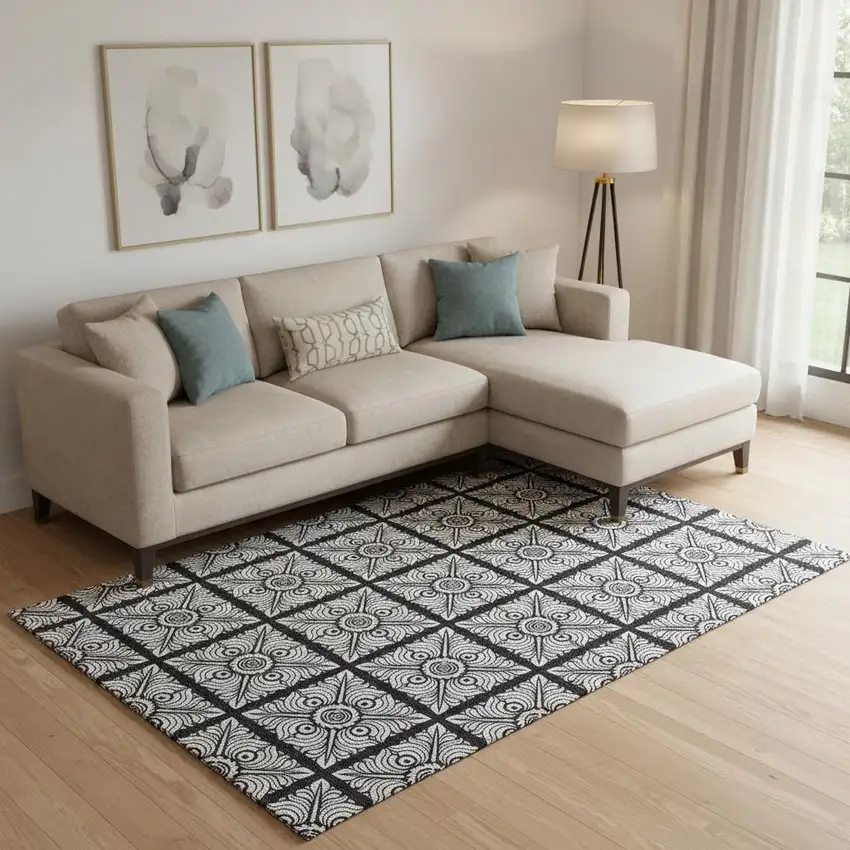 Black And Ivory Medallion Washable Area Rug With UV Protection Photo 1