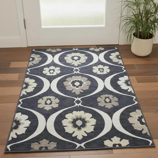 Black And Ivory Medallion Washable Area Rug With UV Protection Photo 2