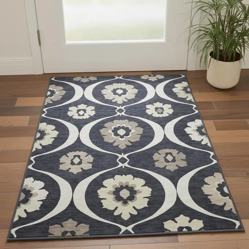 Black And Ivory Medallion Washable Area Rug With UV Protection Photo 2