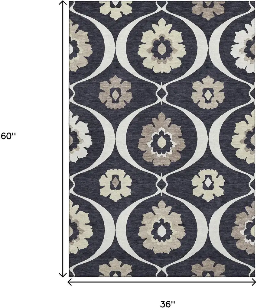 Black And Ivory Medallion Washable Area Rug With UV Protection Photo 3