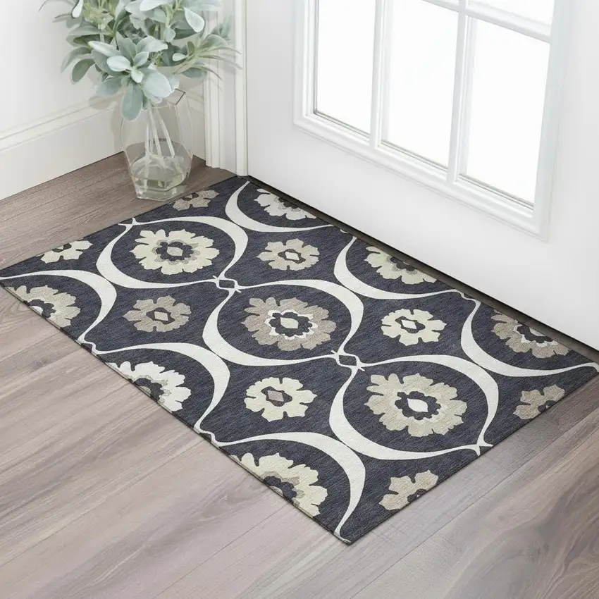 Black And Ivory Medallion Washable Area Rug With UV Protection Photo 1