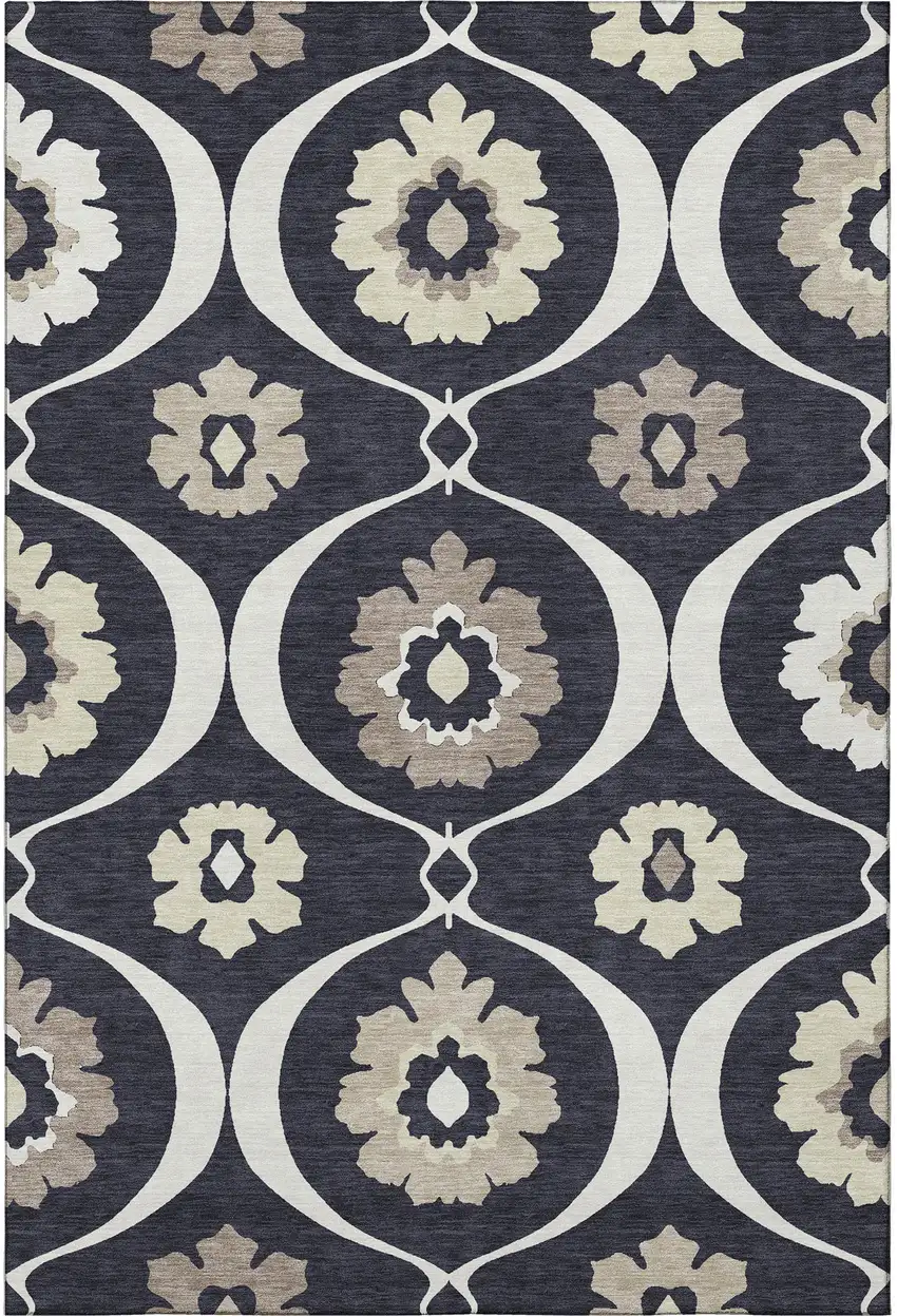 Black And Ivory Medallion Washable Area Rug With UV Protection Photo 3