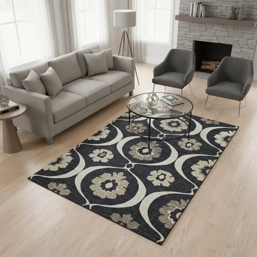 Black And Ivory Medallion Washable Area Rug With UV Protection Photo 2