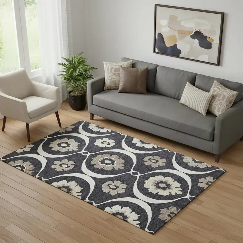 Black And Ivory Medallion Washable Area Rug With UV Protection Photo 1