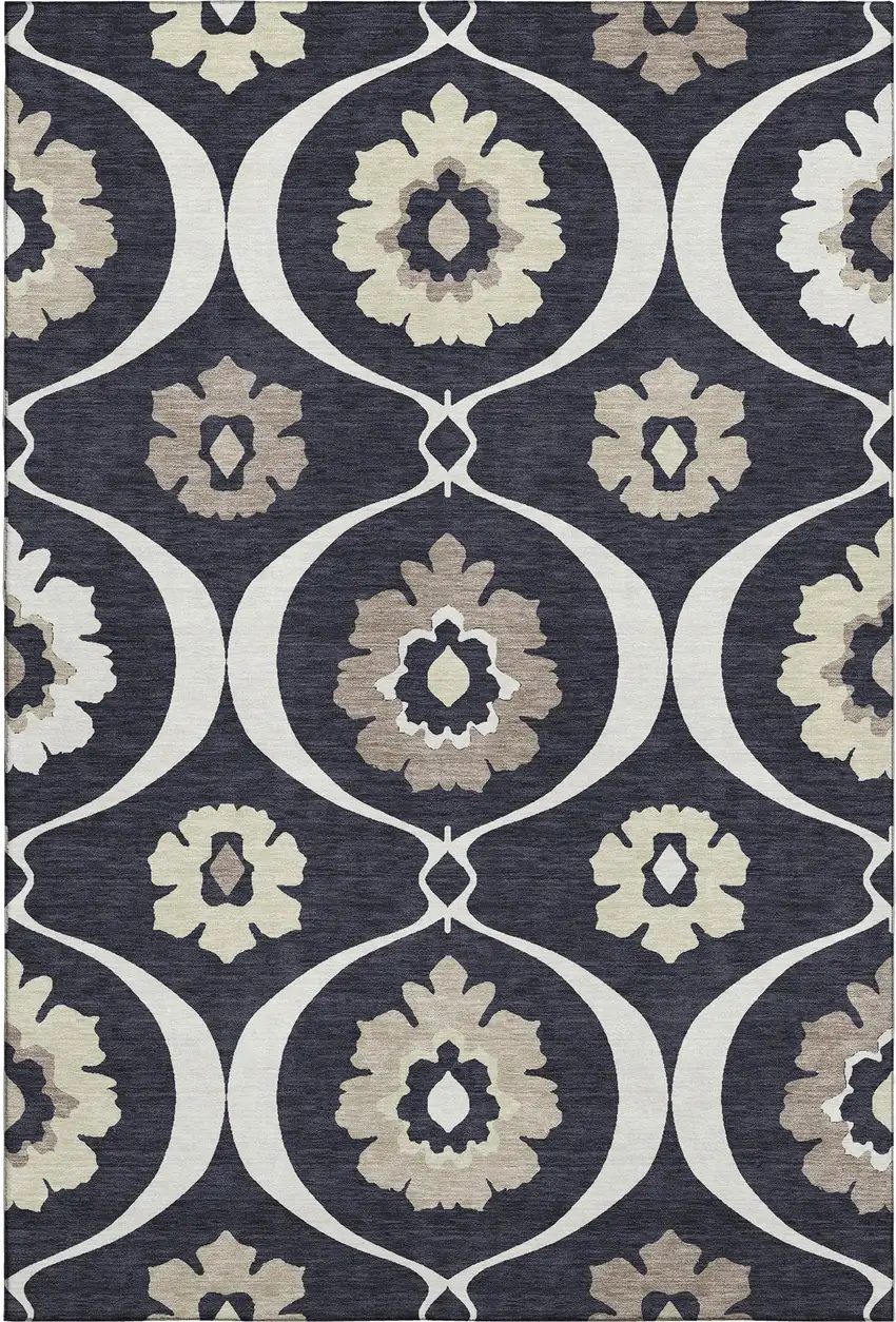 Black And Ivory Medallion Washable Area Rug With UV Protection Photo 1