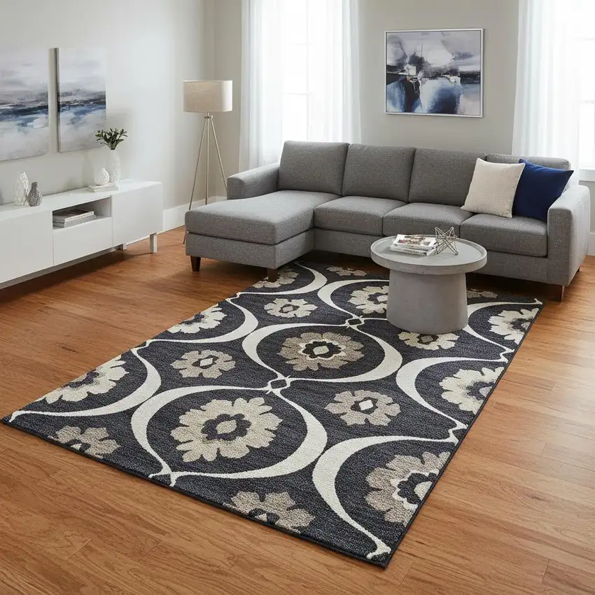Black And Ivory Medallion Washable Area Rug With UV Protection Photo 2