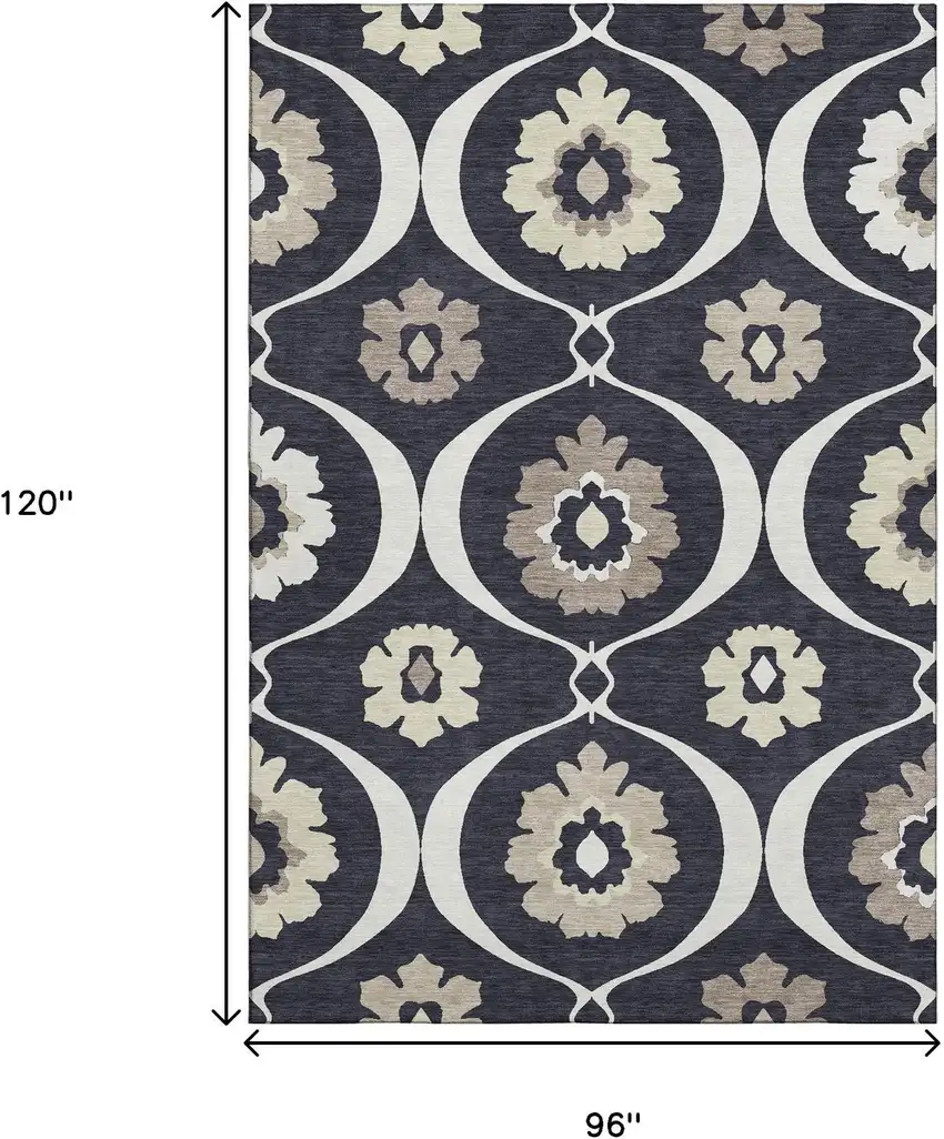 Black And Ivory Medallion Washable Area Rug With UV Protection Photo 8