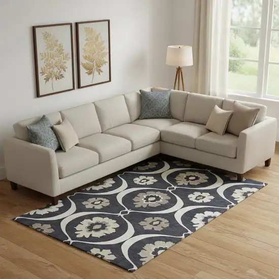 Black And Ivory Medallion Washable Area Rug With UV Protection Photo 1