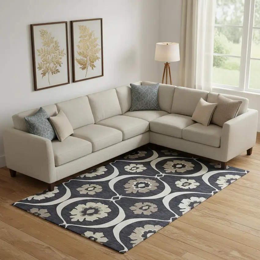 Black And Ivory Medallion Washable Area Rug With UV Protection Photo 1