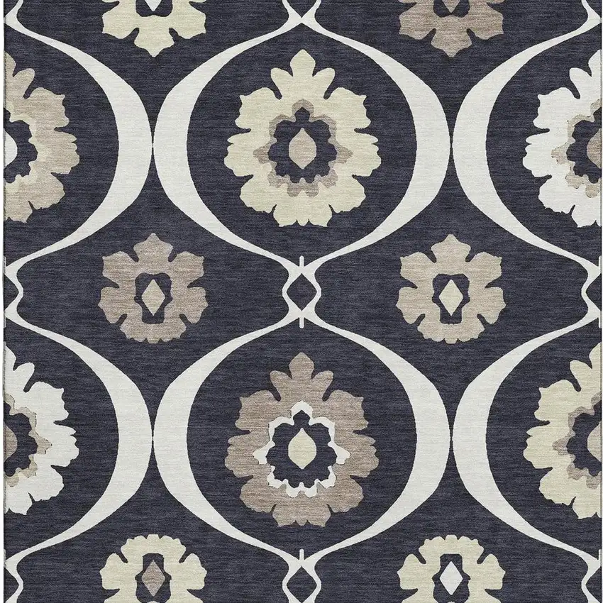 Black And Ivory Medallion Washable Area Rug With UV Protection Photo 4