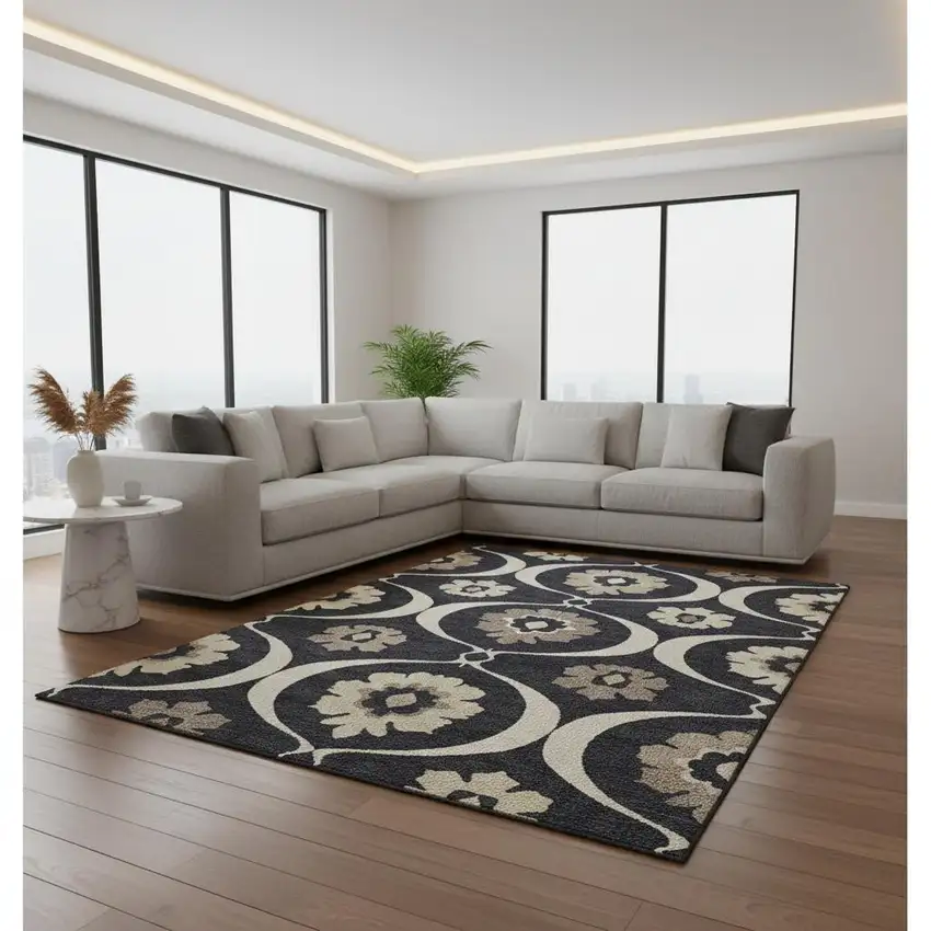Black And Ivory Medallion Washable Area Rug With UV Protection Photo 2