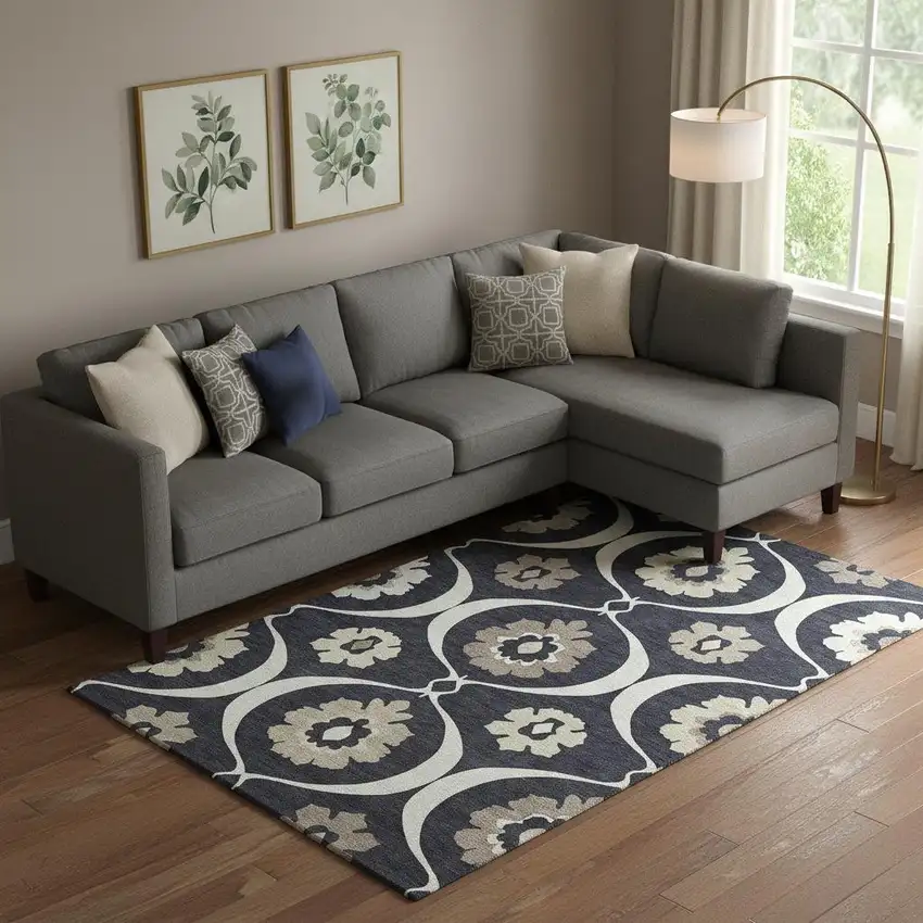 Black And Ivory Medallion Washable Area Rug With UV Protection Photo 1