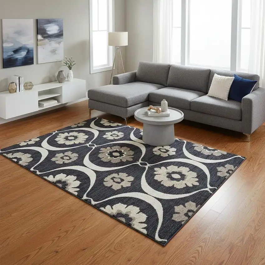 Black And Ivory Medallion Washable Area Rug With UV Protection Photo 2