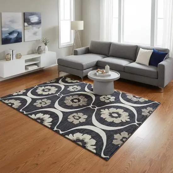 Black And Ivory Medallion Washable Area Rug With UV Protection Photo 2