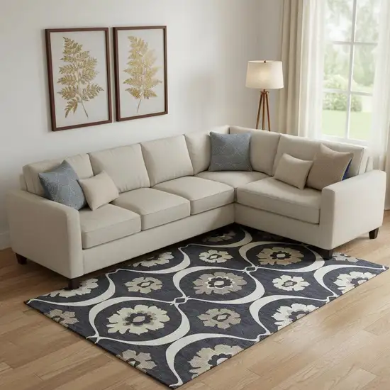 Black And Ivory Medallion Washable Area Rug With UV Protection Photo 1