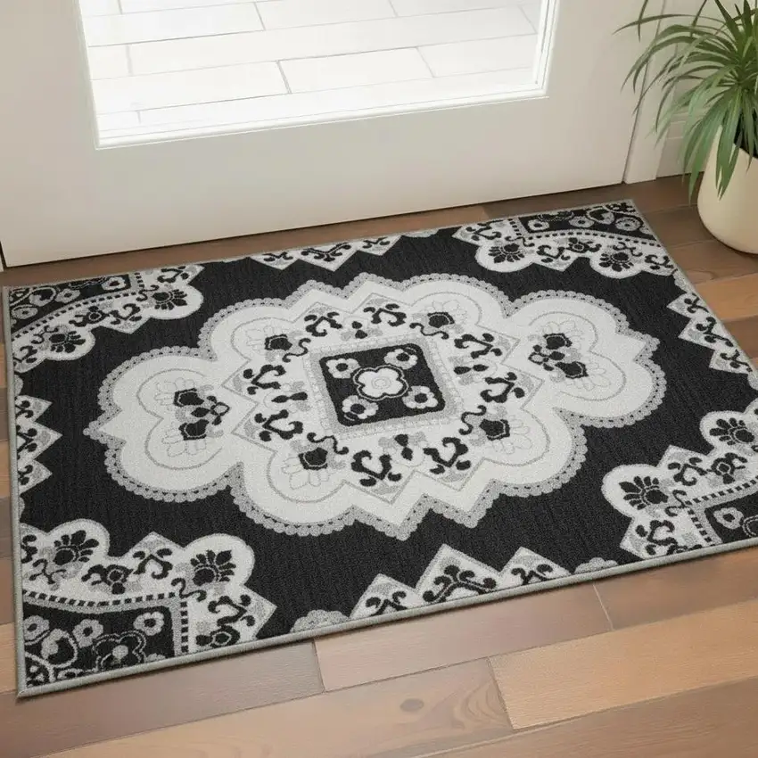 Black And Ivory Medallion Washable Area Rug With UV Protection Photo 2